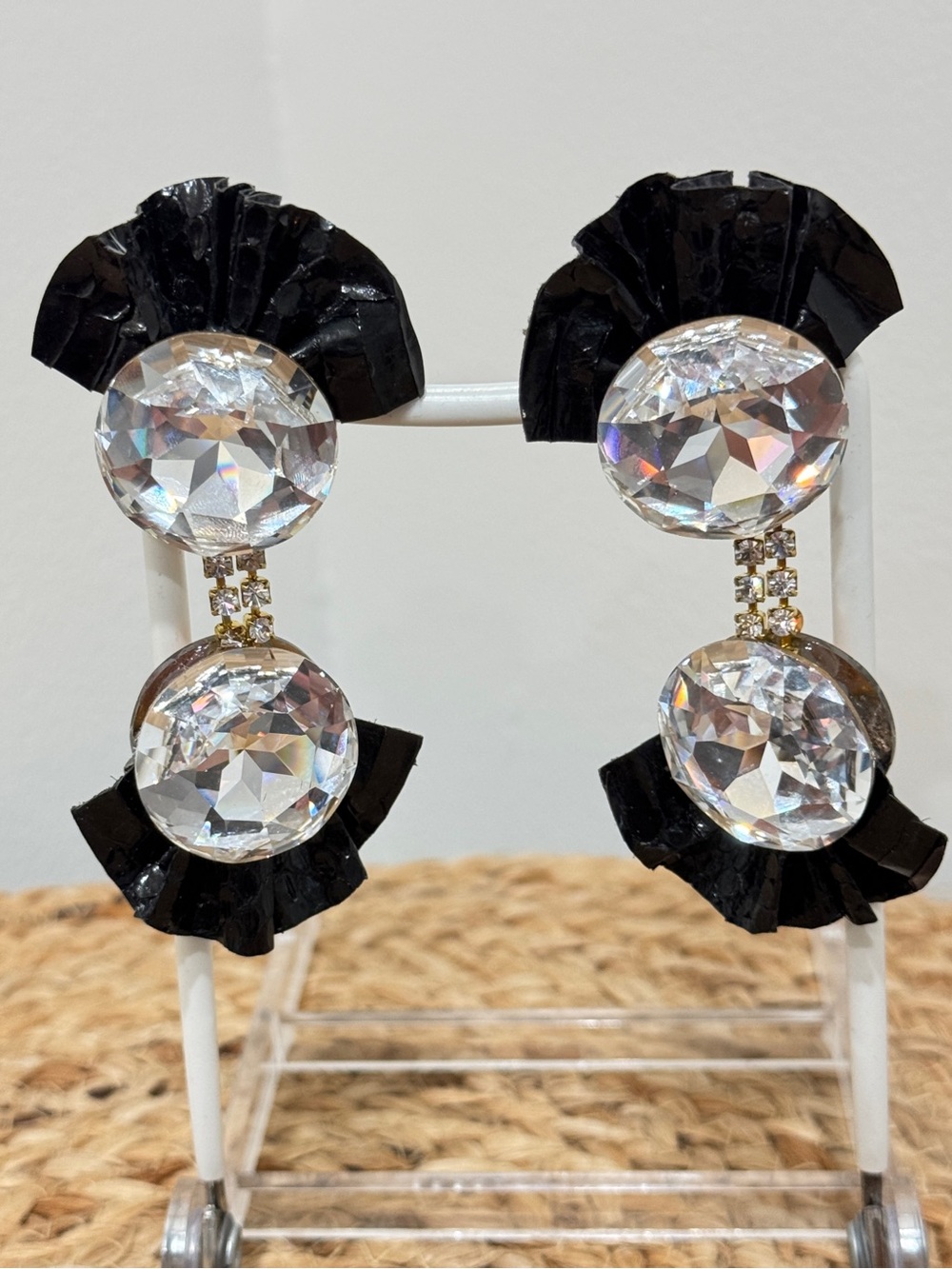 80s Wendy Gell Clear Crystal Drop Earrings with Black‎ Fan Accents